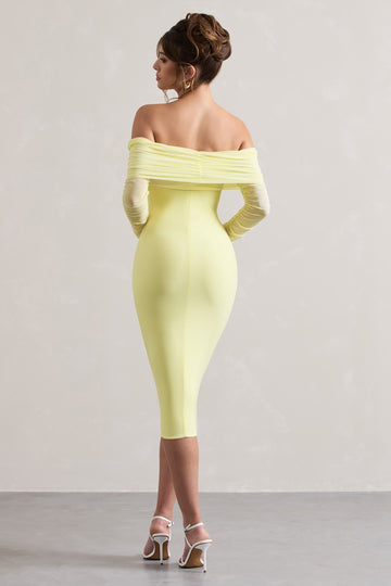 Only You Lemon Ruched Mesh Bardot Midi Dress